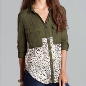 Free People Blouse Green and Leopard Print Long Sleeve Womens Size XS